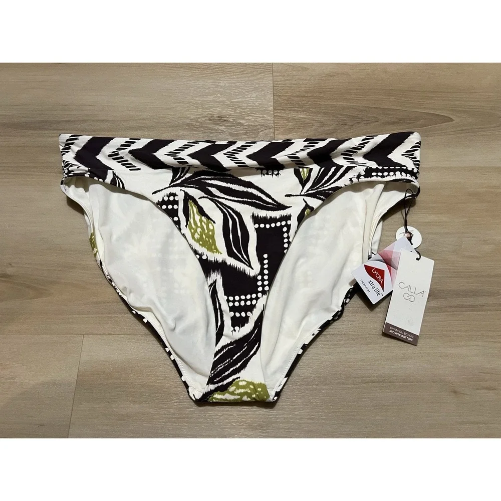 Calia Womens XXL Mid-Rise High Leg Stylish Brown Green‎ & Off White Swim Bottom
